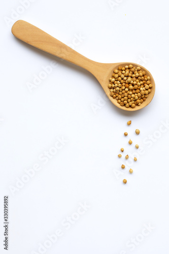 Coriander seeds in the wooden spoon on white