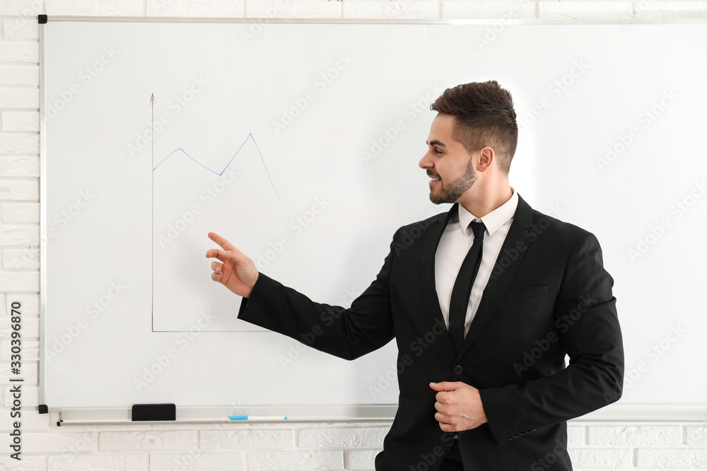 Professional business trainer near whiteboard in office