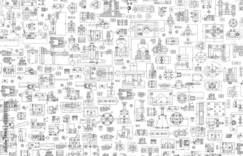 Technical drawing background . Mechanical Engineering drawing. Engine line drawing background