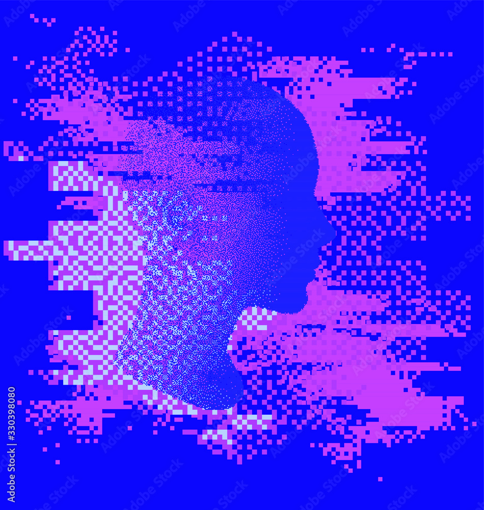 Fototapeta premium Human head made of particles with glitch art effect. Futuristic cyberpunk style vector illustration, concept of malware and computer viruses.