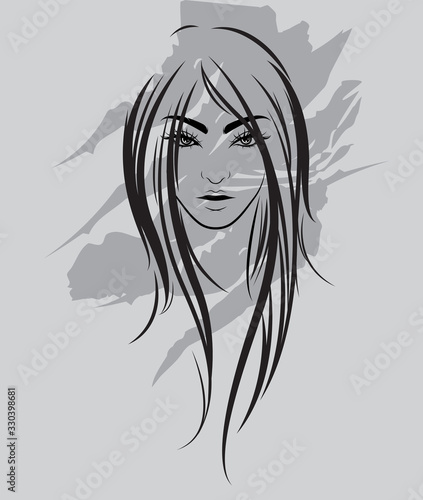 illustration of women long hair style icon, logo women on gray background, vector