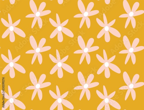 mustard and pastel pink 1970's groovy vintage retro floral daisies seamless vector pattern © Inez