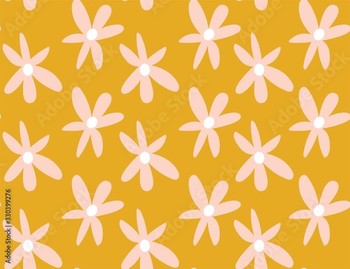 mustard and pastel pink 1970's groovy vintage retro floral daisies seamless vector pattern
