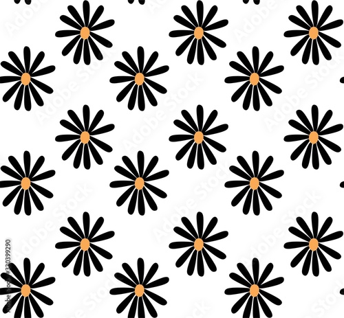 black, white, and mustard 1970's groovy vintage retro floral daisies seamless vector pattern