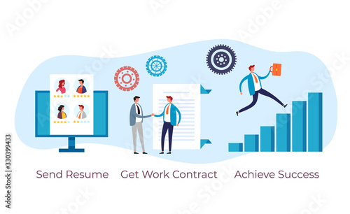 Work job searching head hunting recruitment steps. Vector flat graphic design illustration