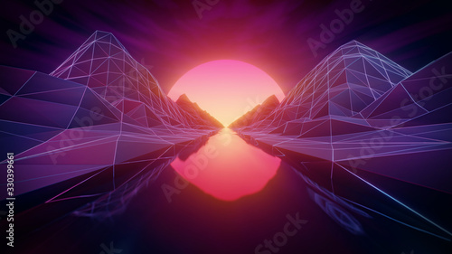 endless retro style river with bright sun 3d rendering illustration