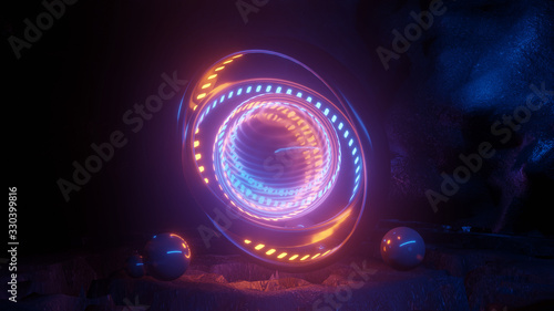 futuristic glass sphere in a cave 3d rendering illustration