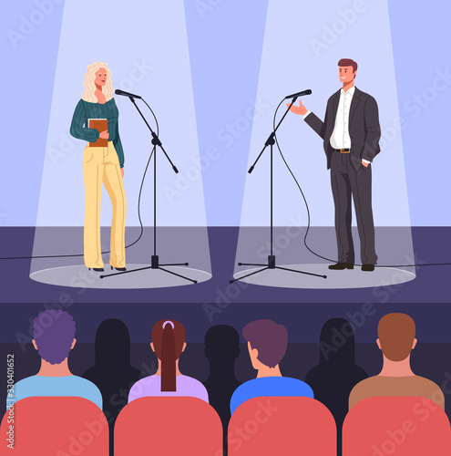 Stage debate performance concept. Vector flat graphic design cartoon illustration