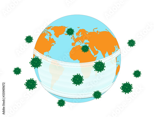 SARS Corona-Virus Verbreitung Weltweit, Globus mit Mundschutz, Vektor Illustration isoliert auf weißem Hintergrund