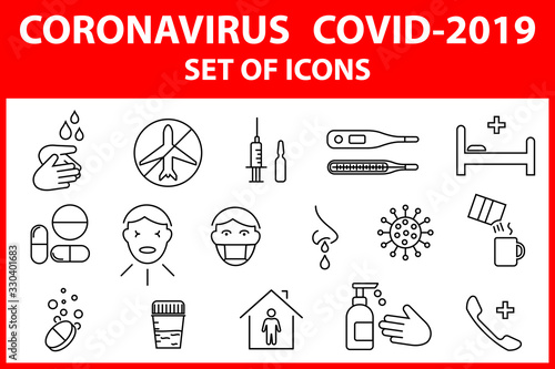 A set of icons with symptoms and methods of prevention of COVID-2019 coronavirus