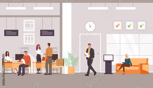 Bank office interior and client with banking specialist workers. Vector flat graphic design cartoon illustration