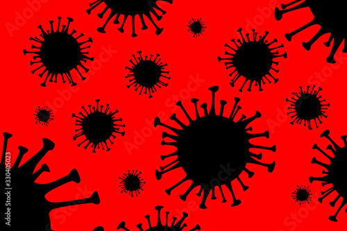 Coronavirus black vector red background. 2019-nCoV bacteria. COVID-19 Wuhan corona virus disease sign. SARS pandemic concept symbol. China. Human health medical.