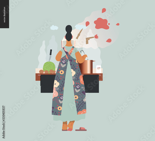 World Book Day graphics, woman cooking template, book week events. Modern flat vector concept illustrations of reading people -a woman reading a detective story, boiling a soup standing back