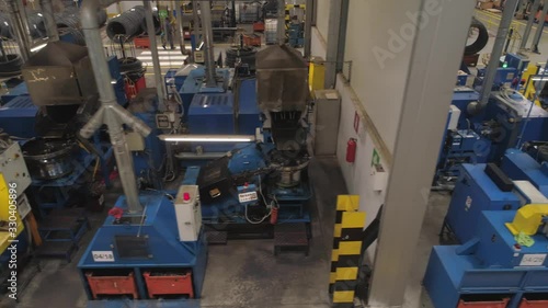 Flying through the big factory warehouse.