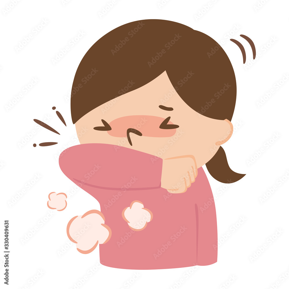 飛沫予防に腕でかばって咳をする女性のイラスト。 飛沫予防に腕でかばって咳をする女性のイラスト。