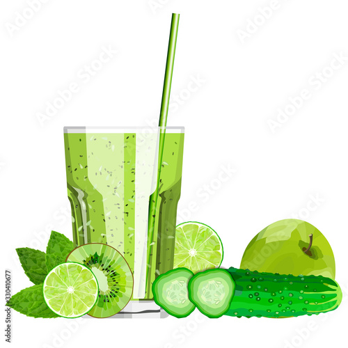 Green blended smoothie in a glass with ingredients vector illustration