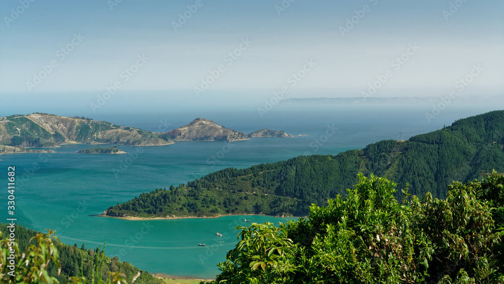 Oyster Bay viewed from the Port Underwood road, Marlborough Sounds, New Zealand.