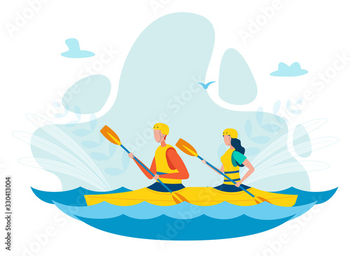 Man and Woman Kayaking Flat Vector Illustration. Couple Sitting in Inflatable Boat, Paddling Cartoon Characters. Whitewater Extreme Kayaking, Canoeing Sport Competition. Active Honeymoon Holiday
