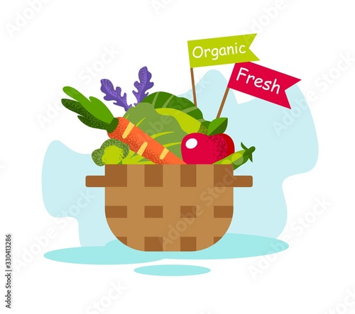 Basket with Fresh Organic Vegetables on White Background. Grow Organic Vegetables. Vector Illustration. Healthy Food. Organic Food. Produced Natural Products. Fresh Vegetables. Flags with Inscription.