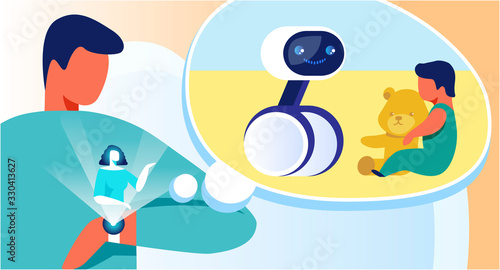 Flat Cartoon Man Using Smart Watch for Remote Baby Care and Distant Control. Female Character Projection Reporting, Sending Video with Playing Kid and Robot Babysitter. Vector Illustration