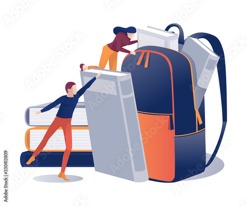 Students Put Books in Backpack. Flat Schoolgirl and Schoolboy Collect Briefcase for School. People Characters Chose Textbook for Study. Bookfest and Sale. Educational Vector Cartoon Illustration