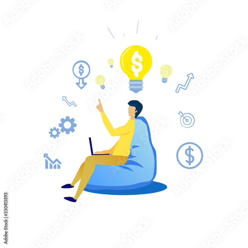 Information Flyer Company Valuation Cartoon Flat. Banner Man Sits in Frameless Chair and Works on Laptop. Above Mans Head Light Bulb with Dollar. Vector Illustration on White Background.