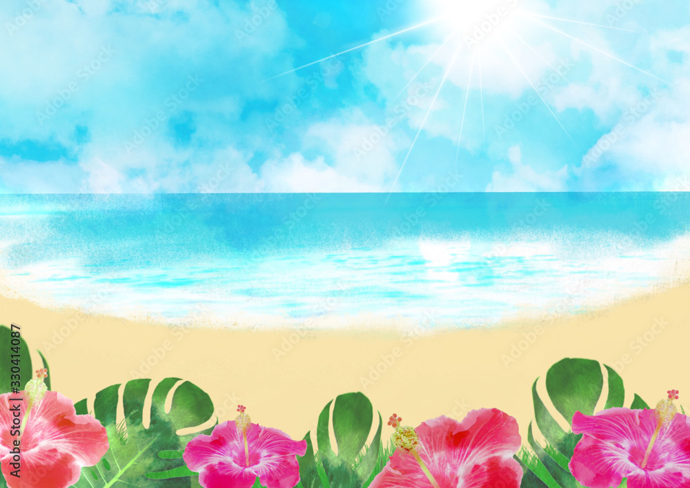 Fototapeta ハイビスカス リゾート地 海 夏 空 背景イラスト Naklejamy Com