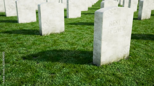 Endless animation of the graveyard. Marble tombstones one by one. Side view 4kHD