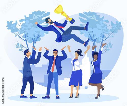 Business Team of Four Office Workers, Dressed Smart, Celebrating Victory, Throwing Their Leader with Golden Champion Cup for Scoring Top Result, Against Big City Business Quarter in Background