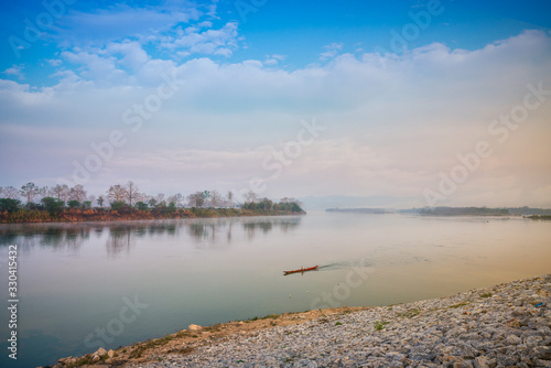 khong river view between thailand and laow country with fog morning