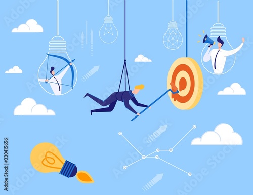 Setting, Choosing, Achieving Goals for Startup. Targeting. Cartoon Man Hanging on Ropes Paints Target. Man Shouts at Megaphone. Guy Aims with Bow. People in Idea Light Bulbs. Flat Vector Illustration