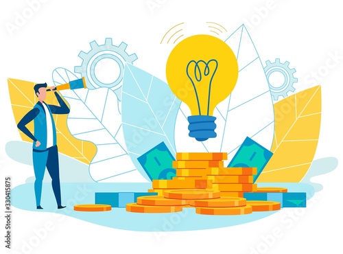 Informational Poster Close Study Idea Cartoon. Flyer Familiarity with Promoted Brand. Banner Man in Suit Looks Out Telescope Article at Gold Coins and Banknotes. Vector Illustration.