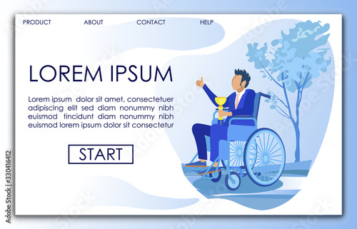 Disabled in Blue Business Suit, in Wheelchair, Holding Champion Cup, Giving Thumbs Up, Triumphing Over His Victory, Getting Greetings and Posing Against Background with Copy Space for Your Text