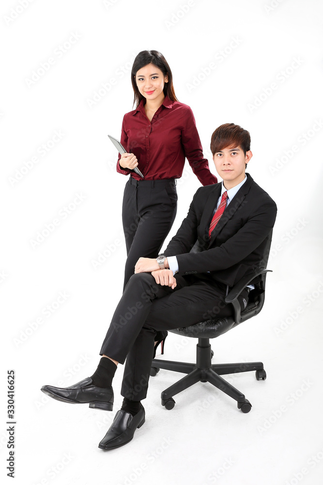 Young attractive man woman business office white background sitl stand ...