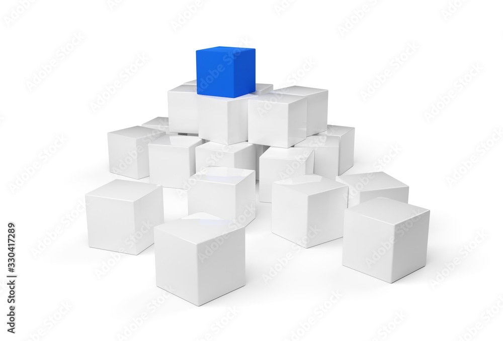 Blue cube on top of heap of white cubes over white background - software module, teamwork or standing out from the crowd leadership concept Blue cube on top of heap of white cubes over white background - software module, teamwork or standing out from the crowd leadership concept