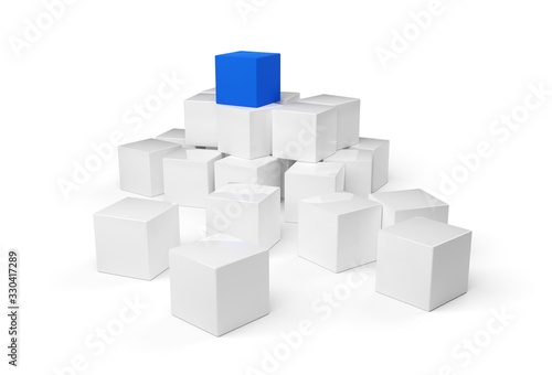 Blue cube on top of heap of white cubes over white background - software module  teamwork or standing out from the crowd leadership concept