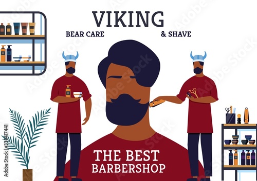 The Best Barbershop Viking Bear Care & Shave Banner. Hairdressers Provide any Kind Help Clients Regarding their Appearance: Mustache Care, Shaving, Changing Hairstyles. Vector Illustration.