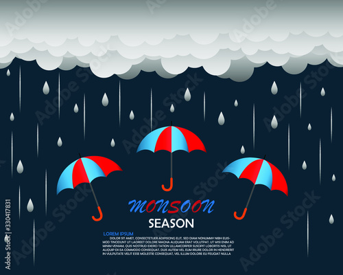 Happy Monsoon season background template with cloud rain and umbrella for banner poster flyer or advertising.