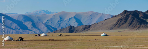 Landscapes of Mongolia, yurts, panorama. Travels in Asia. 