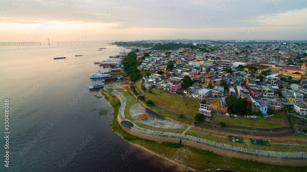 aerial view of sunset in Orla of San Raimundo in Manaus city, amazon - Brazil