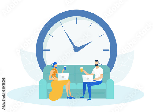 Man and Woman Sitting on Couch or Sofa and Working on Laptop Flat Cartoon Vector Illustration. Collegues Drinking Takeaway Coffee with Huge Clock on Background. Deadline Concept. Time Menagement.