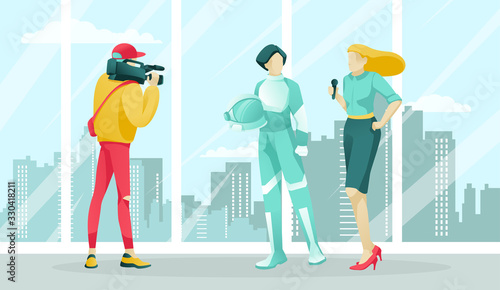 Journalists Interviewing Female Person in Astronaut Costume. News Reporter Taking Interview. Mass Media Announcement. Flat Panoramic Window with City View on Backdrop. Vector Cartoon Illustration
