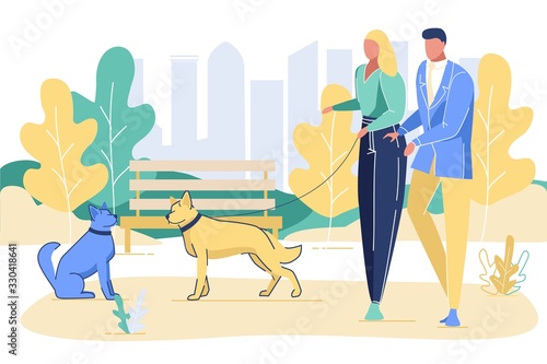 Man and Woman Characters Walking with Dogs in Public City Park. People Spending Time with Pets Outdoors on Summer Time. Relax, Leisure, Communication with Animals. Cartoon Flat Vector Illustration