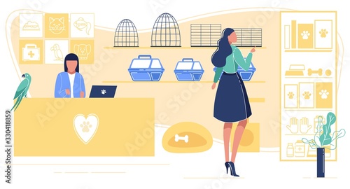 Young Woman Stand at Shelves in Zoo Market Choosing Cage for Parrot or Bird. Seller Sitting at Counter Desk with Laptop Girl Customer Visiting Animal Shop for Purchase Cartoon Flat Vector Illustration