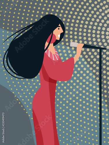 Beautiful Long Haired Woman Wearing Elegant Gown and Accessories Holding Floor Microphone in Hand Singing Musical Composition on Stage or Karaoke Bar. Talented Artist. Cartoon Flat Vector Illustration