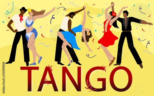 Dancers at Carnival on Yellow Background. Fireworks and Tango. Dancers Dance Incendiary Dances. Brazilian Dance Festival. Vintage Dress. Vector Illustration. Advertising Text. Couples Dancers.
