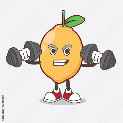 Lemon Fruit cartoon mascot character on fitness exercise trying barbells