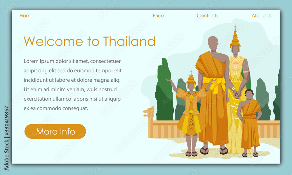 Thai Family in Traditional Clothing Advertising Image. Vector Illustration. Traveling Around World. Postcard Representing Country. Travel Agency Offers. Welcome to Thailand. Menu Website Travel Agency