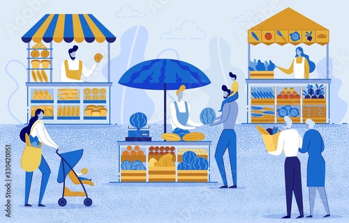 Farmers Working at Farm And Selling on Natural Organic Product Market Flat Cartoon Vector Illustration. Farmer Shopkeeper. Clients Buying Fresh Vegetables, Fruits. Old Couple Hold Bag with Food.
