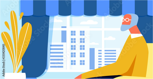 Flat Vector Gray-haired Elderly Male Character in Eyeglasses Sitting Along and Looking out Window on Cityscape. Cartoon Old Man Resting in Living Room. Relaxation at Home. Close up Illustration